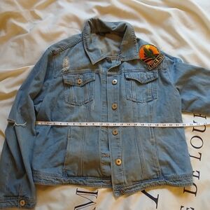Ashley Stewart Oversized Distressed Denim Jacket with Cactus Patch – Size 2X